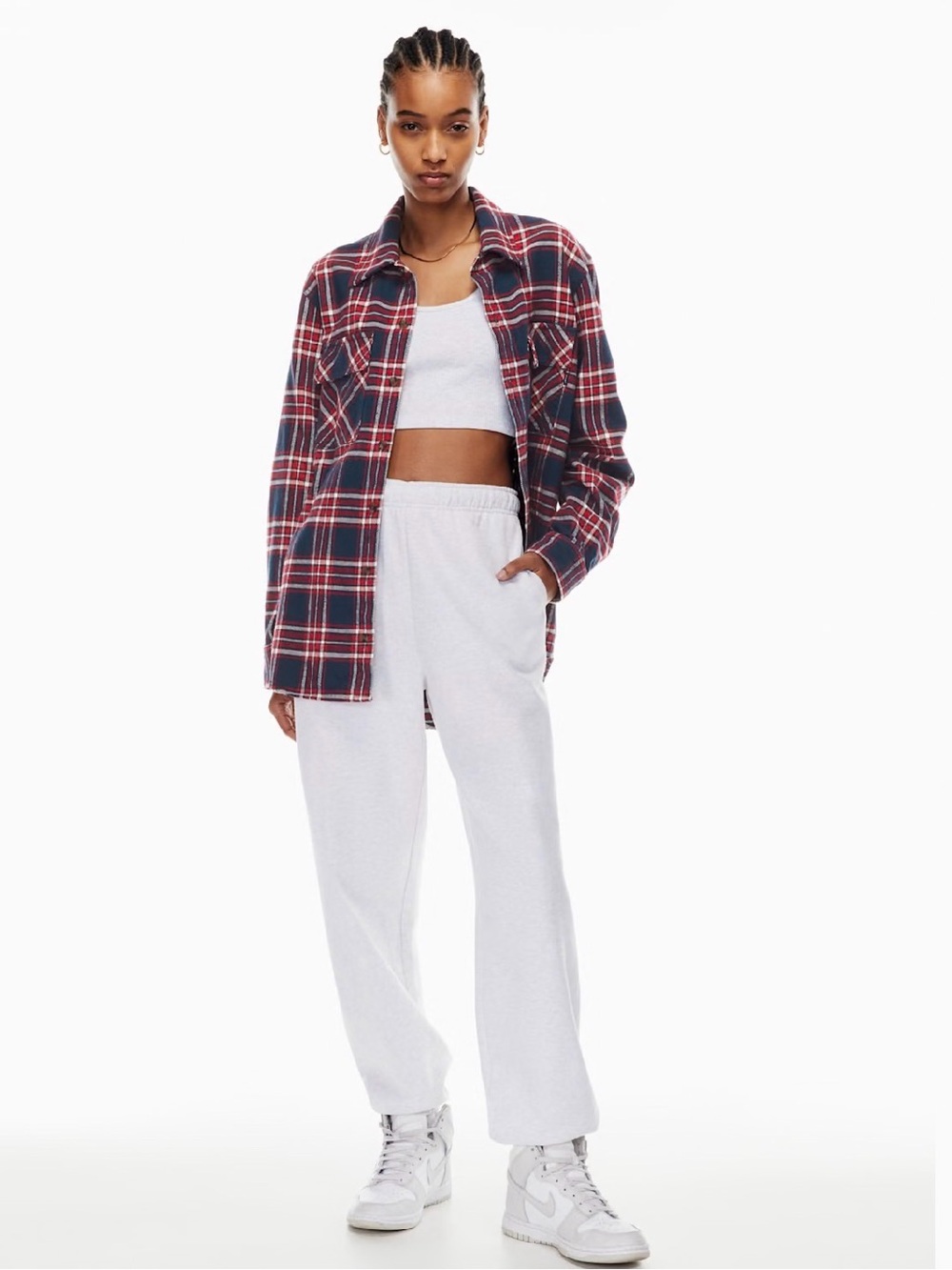 Aritzia TNA Oversized Fit Red Plaid Shirt Flannel Button Up Top Women's Size S